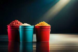 three buckets of popcorn on a dark table. AI-Generated photo