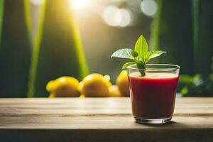 a glass of juice with a leaf on top. AI-Generated photo