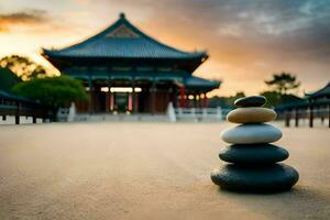 un apilar de piedras en frente de un pagoda. generado por ai foto
