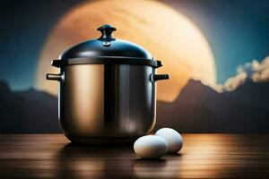 an egg cooker and two eggs on a table. AI-Generated photo