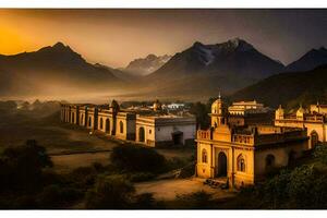 el Dom conjuntos terminado un montaña pueblo en India. generado por ai foto