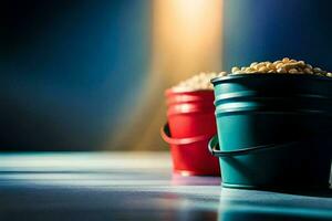 two buckets of popcorn on a table. AI-Generated photo