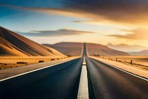 un largo vacío la carretera en el Desierto a puesta de sol. generado por ai foto