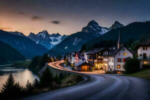 photo wallpaper the sky, mountains, road, house, lake, road, house, lake,. AI-Generated