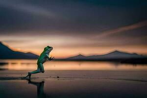 a frog jumping on the water at sunset. AI-Generated photo