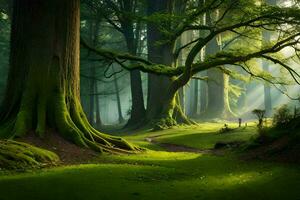 photo wallpaper forest, trees, sun, light, trees, path, path, trees, forest. AI-Generated