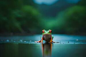 a frog sitting on the edge of a wet surface. AI-Generated photo