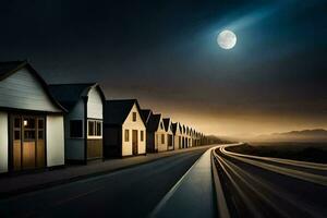 un largo exposición fotografía de un fila de casas a noche. generado por ai foto