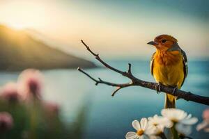 foto fondo de pantalla el cielo, flores, pájaro, naturaleza, el mar, el sol, flores. generado por ai