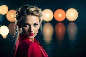 un hermosa mujer en rojo es posando en frente de luces. generado por ai foto