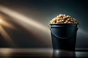 a bucket filled with peanuts on a table. AI-Generated photo