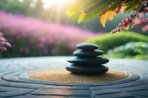 zen stones stacked on a circular stone table. AI-Generated photo