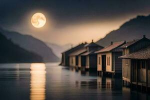 a full moon rises over a lake with houses on it. AI-Generated photo