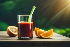 un vaso de jugo con un naranja rebanada en un mesa. generado por ai foto