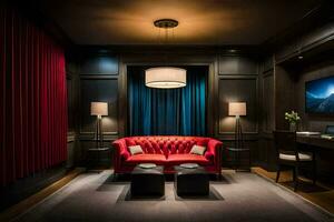 a red couch sits in a room with black walls. AI-Generated photo
