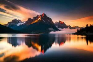 el montañas son reflejado en el agua a puesta de sol. generado por ai foto