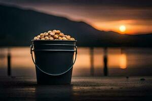 a bucket of peanuts on a dock at sunset. AI-Generated photo