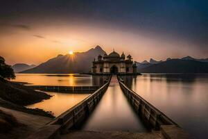 el Dom conjuntos terminado un lago y un templo. generado por ai foto