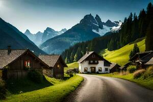 a road in the mountains with houses and mountains in the background. AI-Generated photo