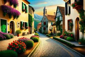 a street with flowers and houses in the background. AI-Generated photo