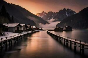 a lake and wooden dock with houses in the background. AI-Generated photo