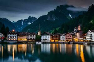 photo wallpaper the sky, mountains, lake, town, switzerland, the night, the mountains. AI-Generated