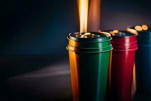 three colorful cups with a lit candle. AI-Generated photo