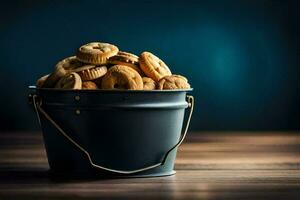 un Cubeta lleno con galletas en un de madera mesa. generado por ai foto