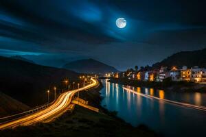 un río y un puente a noche con un lleno Luna. generado por ai foto