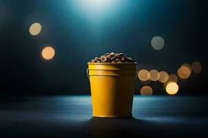 a bucket of peanuts on a table with bokeh lights. AI-Generated photo