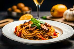 spaghetti with meat and vegetables on a plate. AI-Generated photo