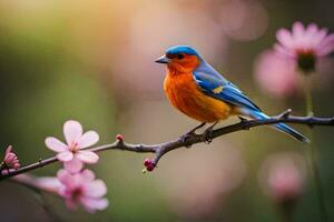 a blue and orange bird sits on a branch with pink flowers. AI-Generated photo