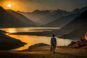 un hombre en pie en un colina con vista a un lago y montañas. generado por ai foto