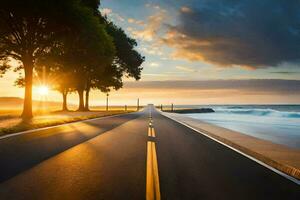 un largo la carretera líder a el Oceano a puesta de sol. generado por ai foto