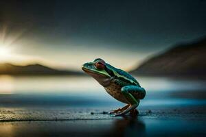 a frog standing on the beach at sunset. AI-Generated photo