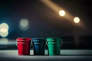 three colorful buckets on a dark street. AI-Generated photo