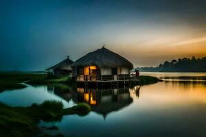 a small hut sits on the edge of a lake at sunset. AI-Generated photo