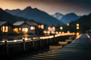 a wooden pier with lights on it in the dark. AI-Generated photo