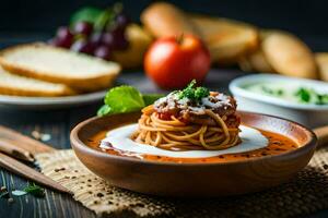 espaguetis con carne salsa en un bol. generado por ai foto