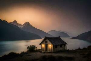 a small cabin sits on the shore of a lake at sunset. AI-Generated photo