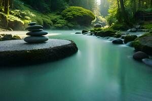 the river is flowing through a forest with rocks and stones. AI-Generated photo