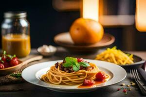 espaguetis con carne salsa y Tomates en un lámina. generado por ai foto