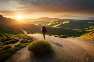 un persona caminando en un camino en el montañas. generado por ai foto