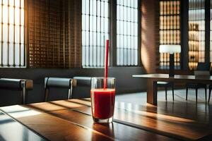 a glass of juice sitting on a table in front of a window. AI-Generated photo