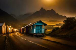 un azul casa en un la carretera con montañas en el antecedentes. generado por ai foto