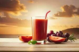 un vaso de jugo con uvas y melón en un mesa. generado por ai foto