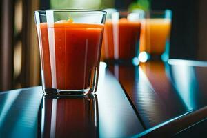 three glasses of juice sit on a table. AI-Generated photo