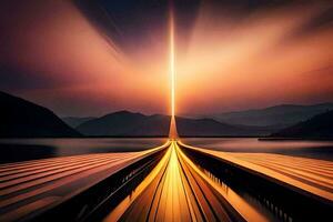 a long bridge with a light beam coming out of it. AI-Generated photo