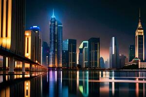 un ciudad horizonte a noche con luces reflejando en el agua. generado por ai foto