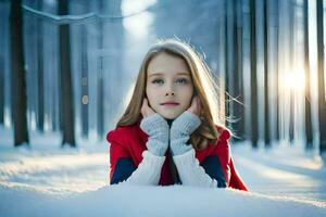 un joven niña tendido en el nieve en el bosque. generado por ai foto